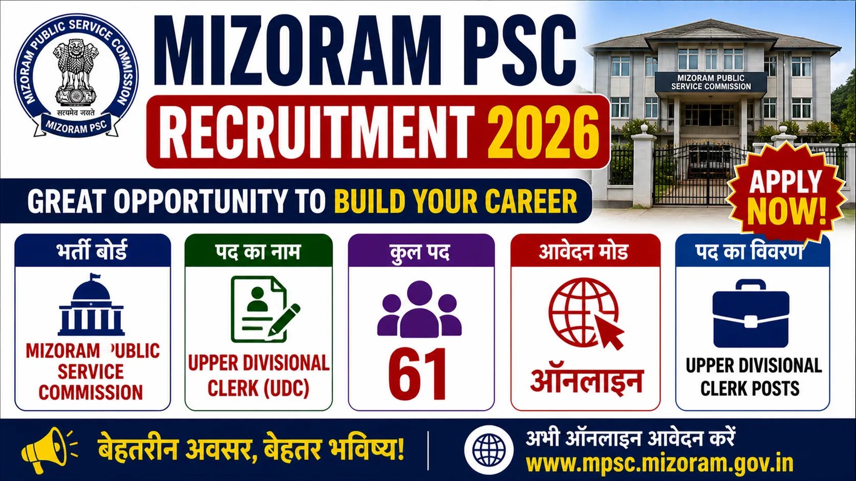 Mizoram PSC Recruitment 2026 for 61 Upper Divisional Clerk Posts
