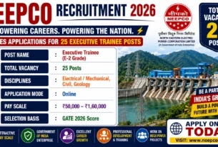 NEEPCO Recruitment 2026 for 25 Executive Trainee Posts Post Name Executive Trainee (E-2 Grade) Total Vacancy 25 Posts Disciplines Electrical Mechanical, Civil, Geology Application Mode Online Pay Scale ₹50,000 – ₹1,60,000 NEEPCO Recruitment 2026 for 25 Executive Trainee Posts