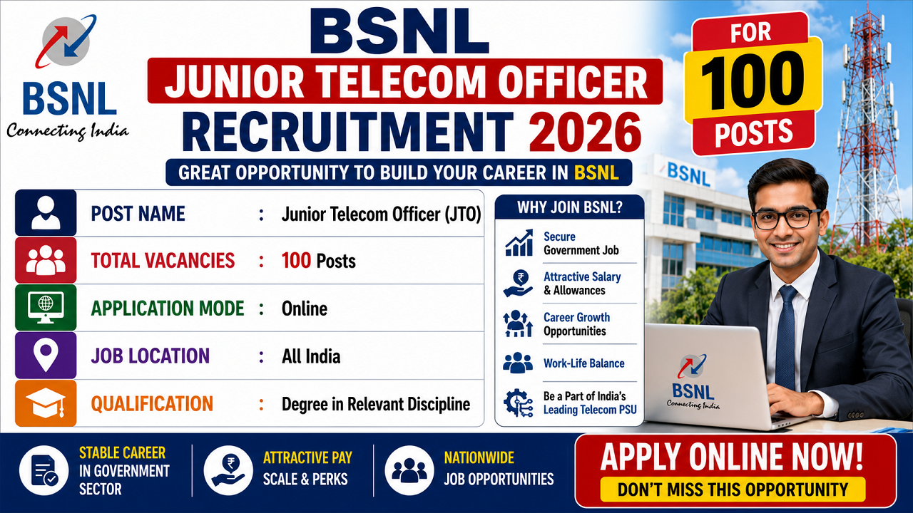 BSNL Junior Telecom Officer Recruitment 2026 for 100 Posts