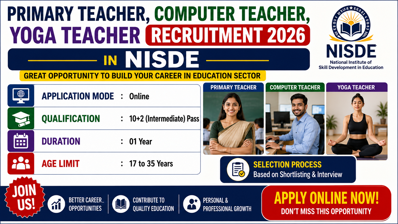 Primary Teacher, Computer Teacher, Yoga Teacher Recruitment 2026 in NISDE