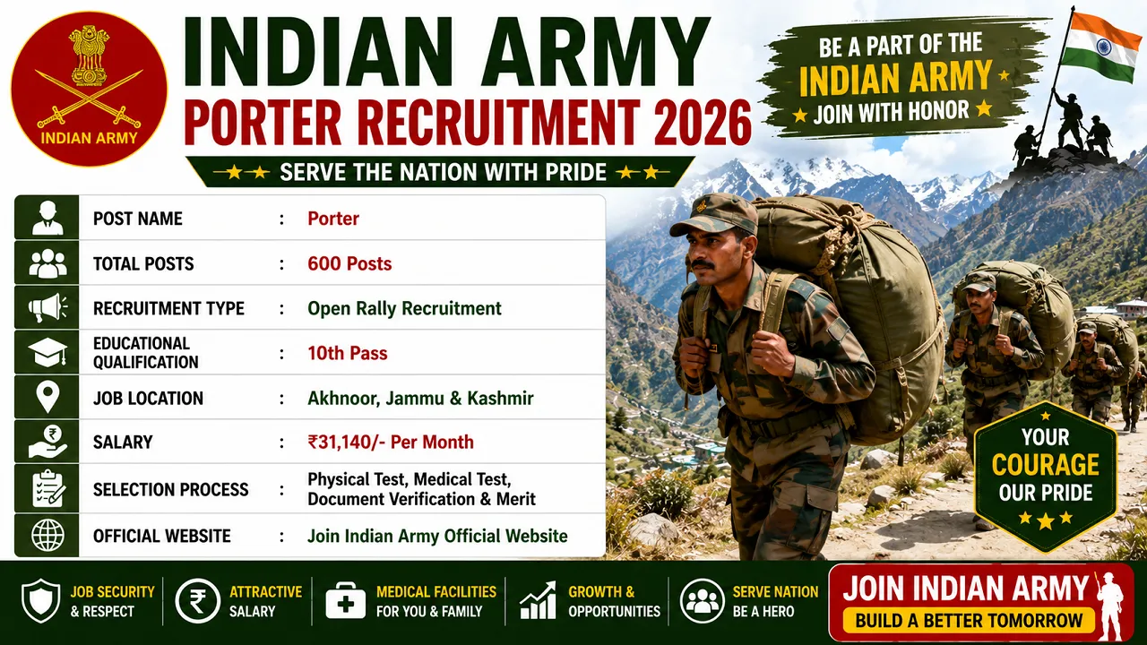 Indian Army Porter Recruitment 2026 for 10th Pass for 600 Posts
